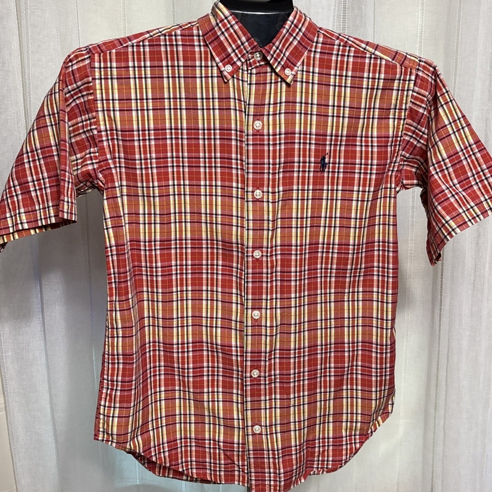 Polo Ralph Lauren Shirt Boys Size Medium 12/14 Plaid SS Button Up Blue Pony